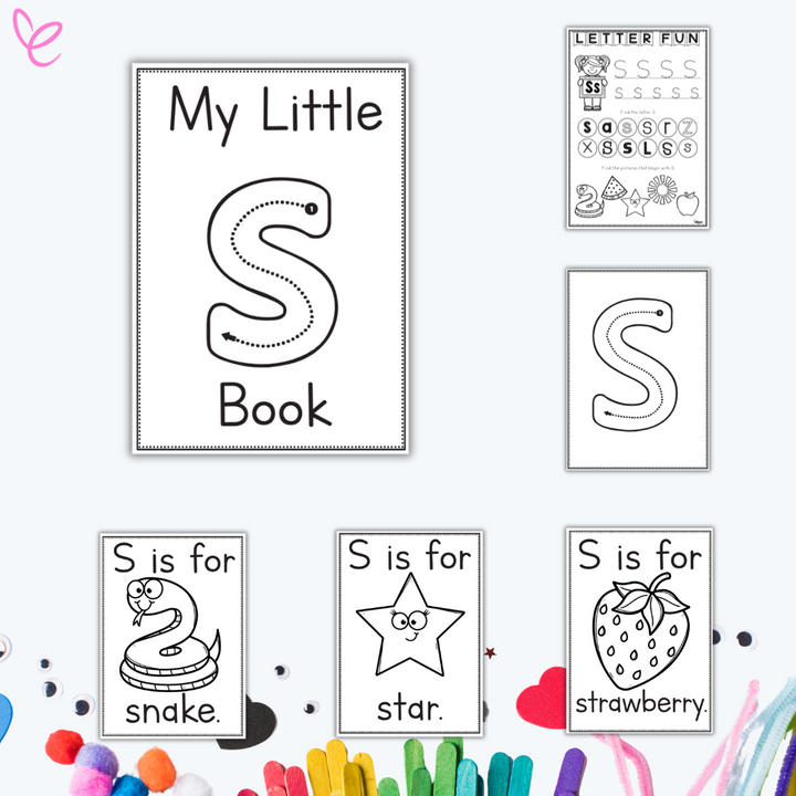 My Little S Book” printable set with vocabulary cards and letter tracing. Designed to support preschool and kindergarten students with letter recognition and phonemic awareness.