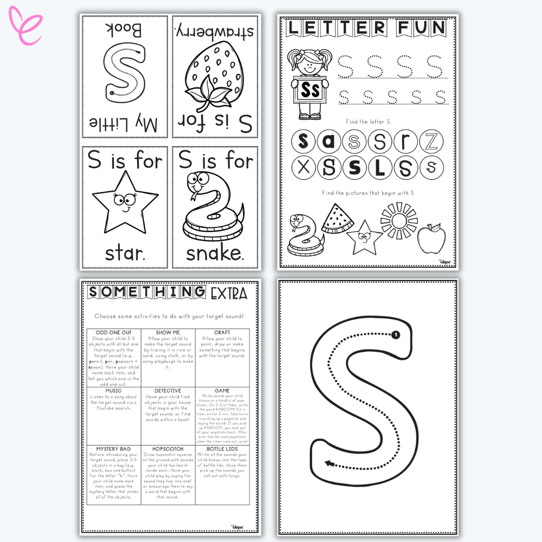 Letter S printable pack with handwriting, phonics, and cut-and-paste activities featuring star, snake, and strawberry. Includes extension tasks and a large tracing letter for early learners.
