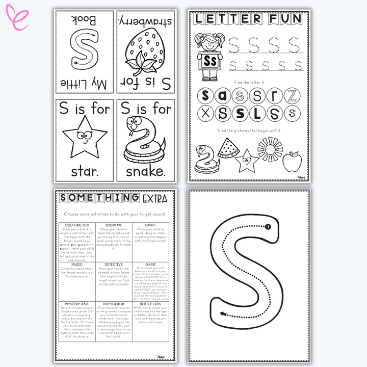 Letter S printable pack with handwriting, phonics, and cut-and-paste activities featuring star, snake, and strawberry. Includes extension tasks and a large tracing letter for early learners.
