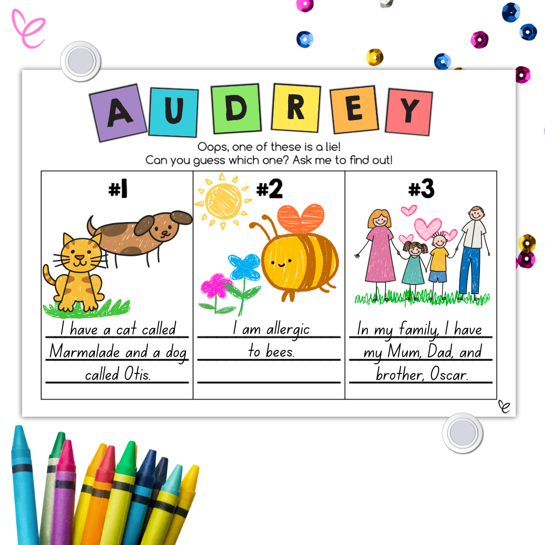 Two Truths and a Lie student activity with drawings and facts under the name Audrey, used to build classroom community.