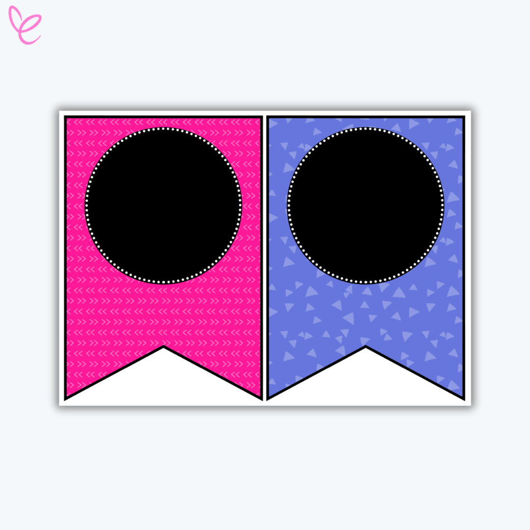 Two printable classroom banner flags – one in bright pink with chevron-like arrow patterns and one in blue with small triangle patterns. Each flag features a large black circular space in the center for custom lettering or decoration.