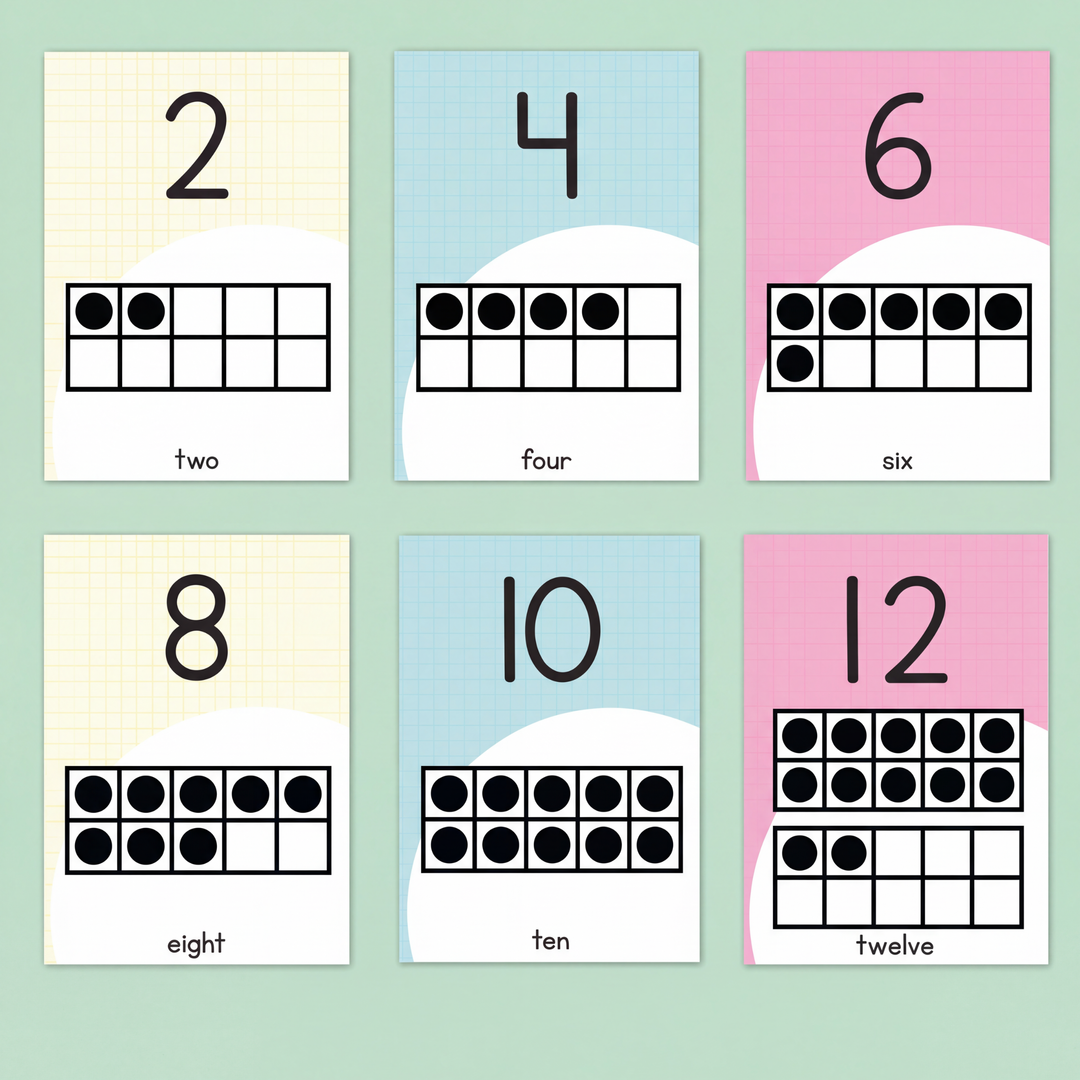 Six number posters featuring even numbers from 2 to 12, each with a numeral, a ten-frame model with corresponding dots, and the written number below. The posters have alternating pastel backgrounds in yellow, blue, and pink.