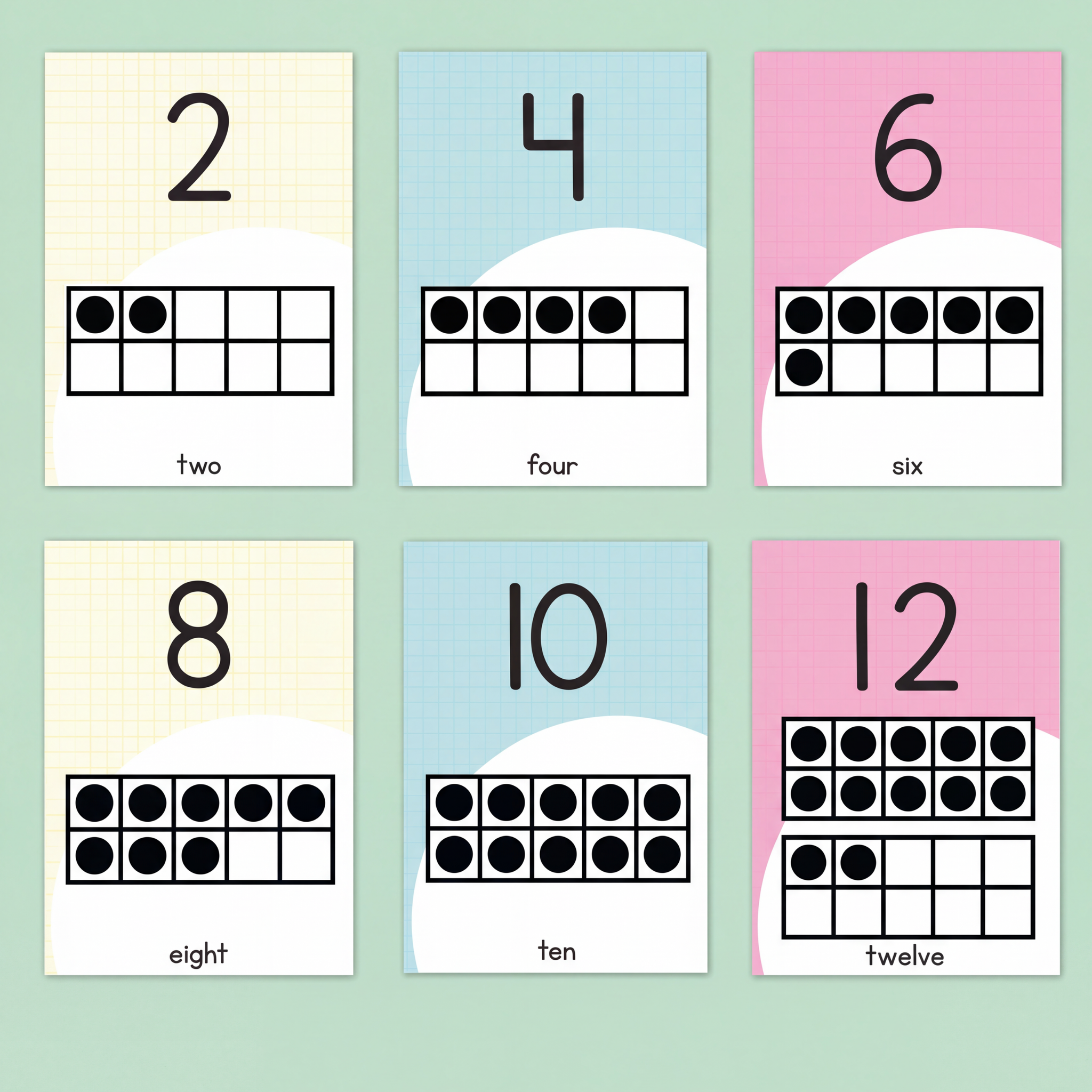Six number posters featuring even numbers from 2 to 12, each with a numeral, a ten-frame model with corresponding dots, and the written number below. The posters have alternating pastel backgrounds in yellow, blue, and pink.
