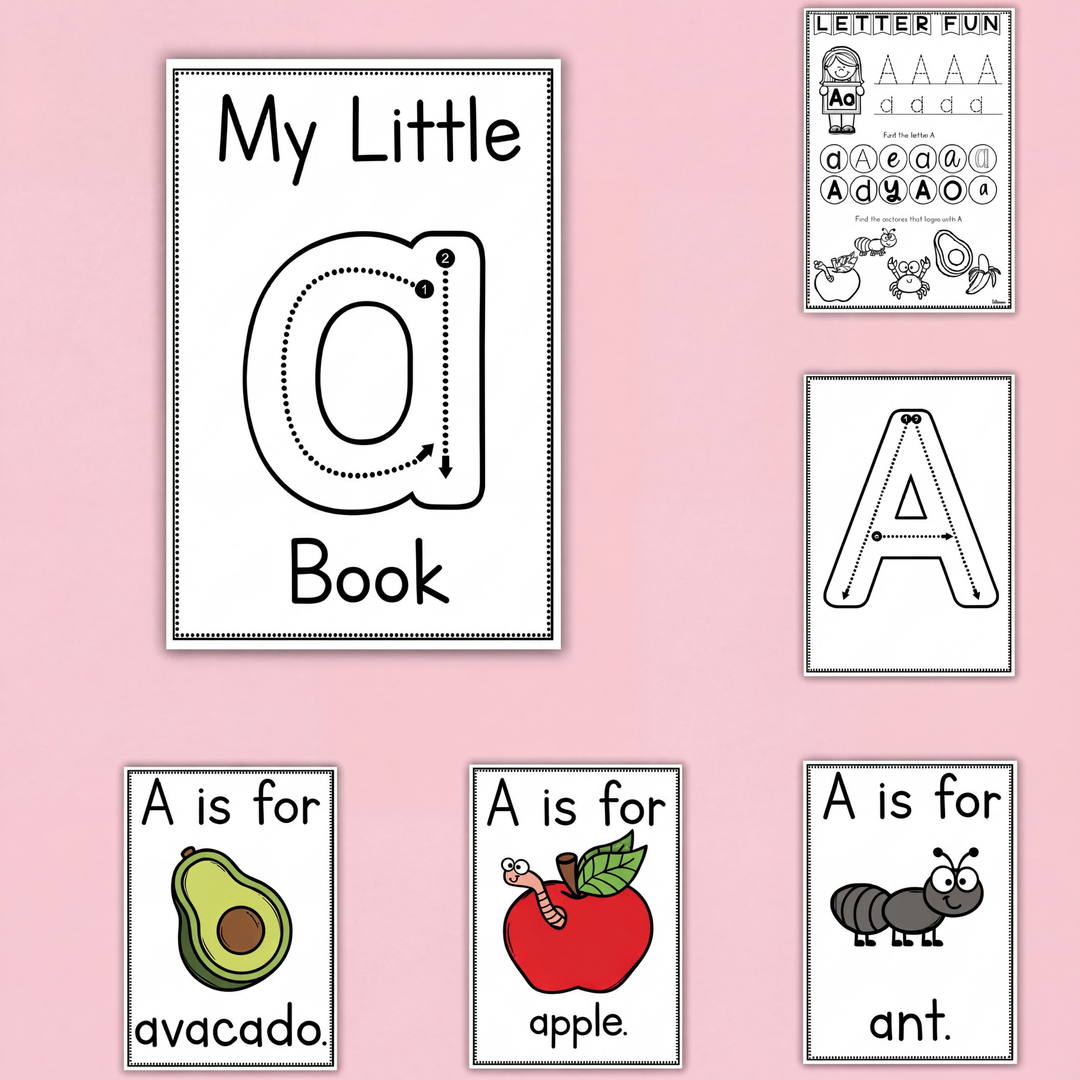Letter A printable book and phonics activity for early learners. Includes tracing, vocabulary cards, and “A is for” pictures like apple and ant.