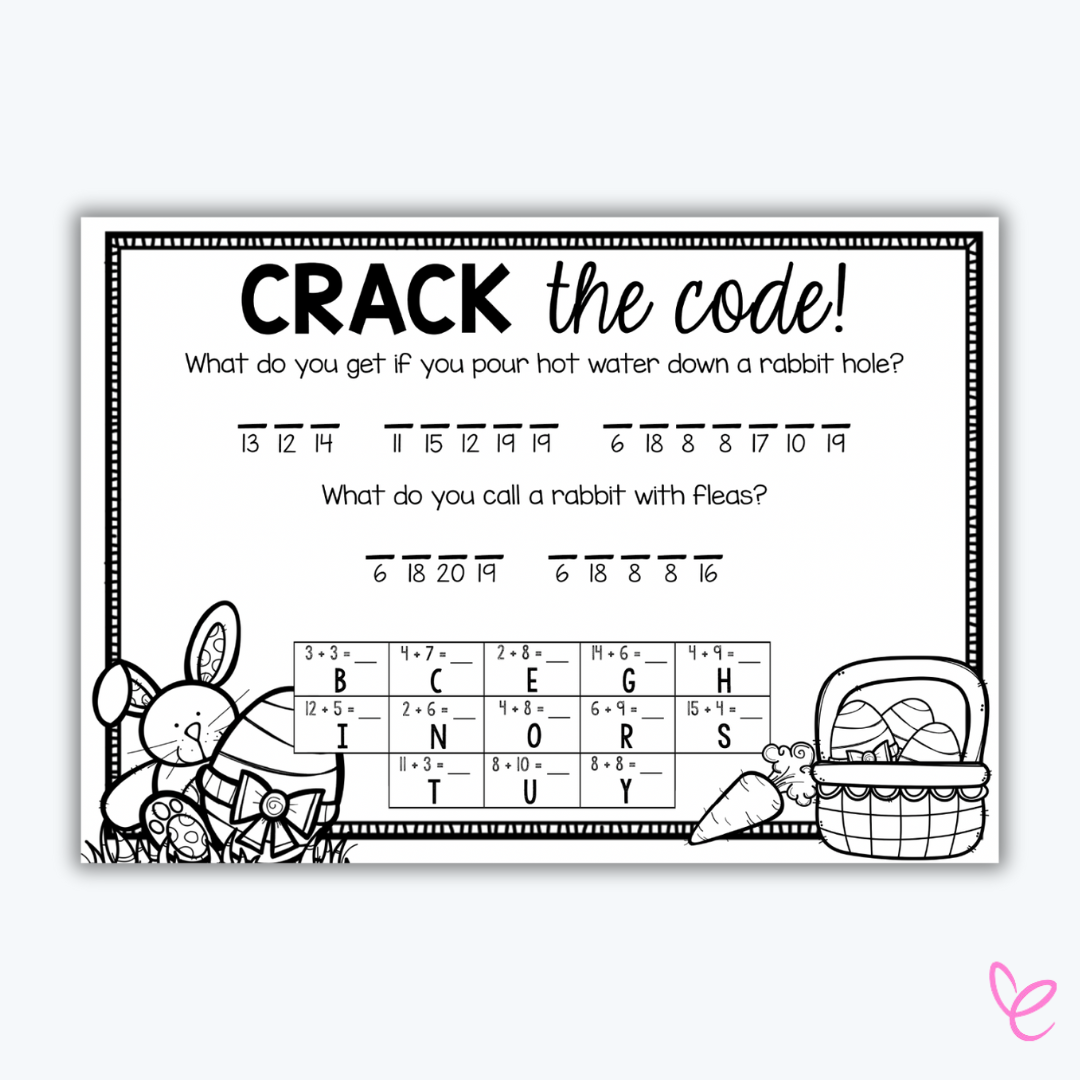 A photo of our digital teacher download 'Easter Crack the Code' worksheet, displayed on a white background.