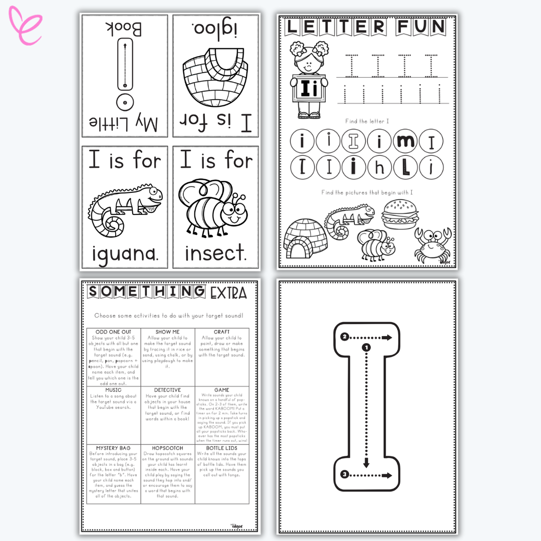 Printable Letter I booklet with handwriting practice, beginning sound identification, and extension games. Includes mini-book pages and fun letter recognition tasks.