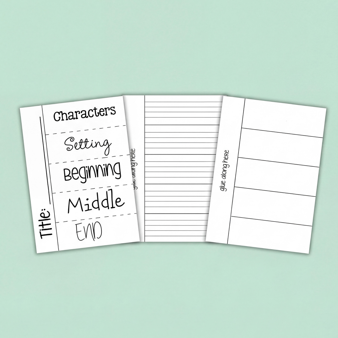 A set of three printable worksheets designed for story planning. The first sheet features sections for 'Title,' 'Characters,' 'Setting,' 'Beginning,' 'Middle,' and 'End' with dashed lines for organisation. The second sheet is lined for writing, with a 'glue along here' label on the left. The third sheet is divided into four blank horizontal sections, also labeled 'glue along here,' ideal for creating foldable or interactive activities. The image is complemented by colourful craft items at the bottom.