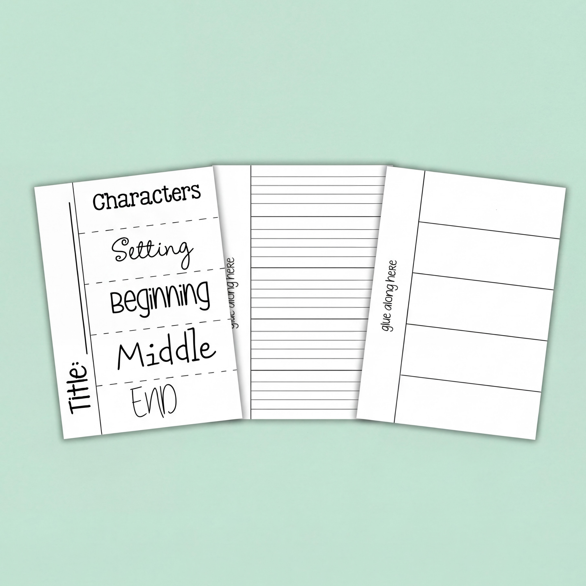 A set of three printable worksheets designed for story planning. The first sheet features sections for 'Title,' 'Characters,' 'Setting,' 'Beginning,' 'Middle,' and 'End' with dashed lines for organisation. The second sheet is lined for writing, with a 'glue along here' label on the left. The third sheet is divided into four blank horizontal sections, also labeled 'glue along here,' ideal for creating foldable or interactive activities. The image is complemented by colourful craft items at the bottom.