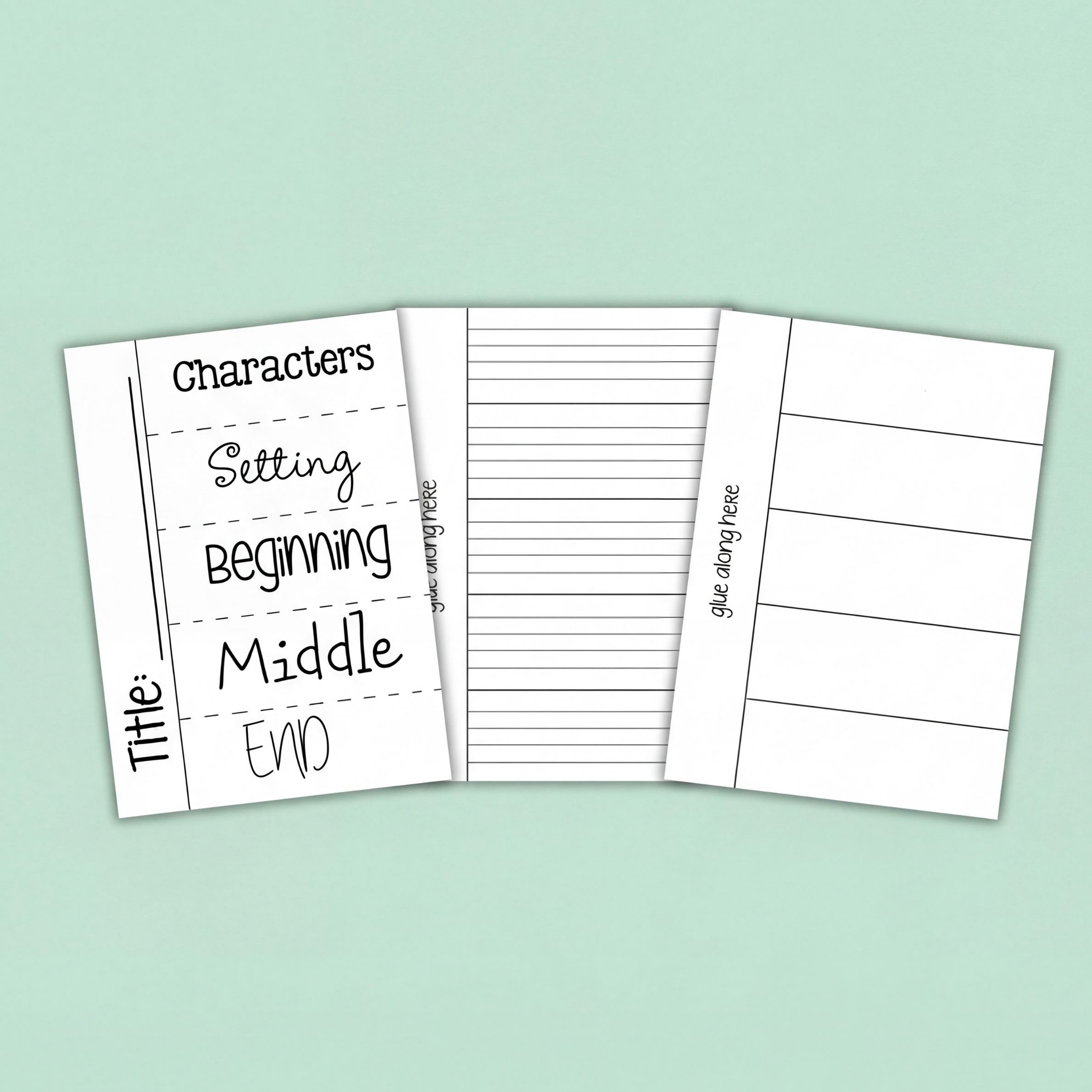 A set of three printable worksheets designed for story planning. The first sheet features sections for 'Title,' 'Characters,' 'Setting,' 'Beginning,' 'Middle,' and 'End' with dashed lines for organisation. The second sheet is lined for writing, with a 'glue along here' label on the left. The third sheet is divided into four blank horizontal sections, also labeled 'glue along here,' ideal for creating foldable or interactive activities. The image is complemented by colourful craft items at the bottom.