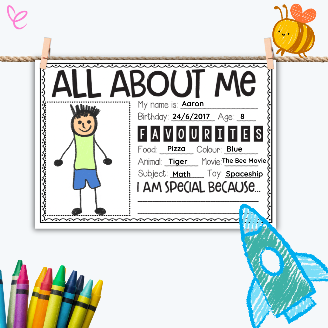 Completed All About Me poster featuring favourites, birthday, and a self-portrait, perfect for back-to-school student introductions.