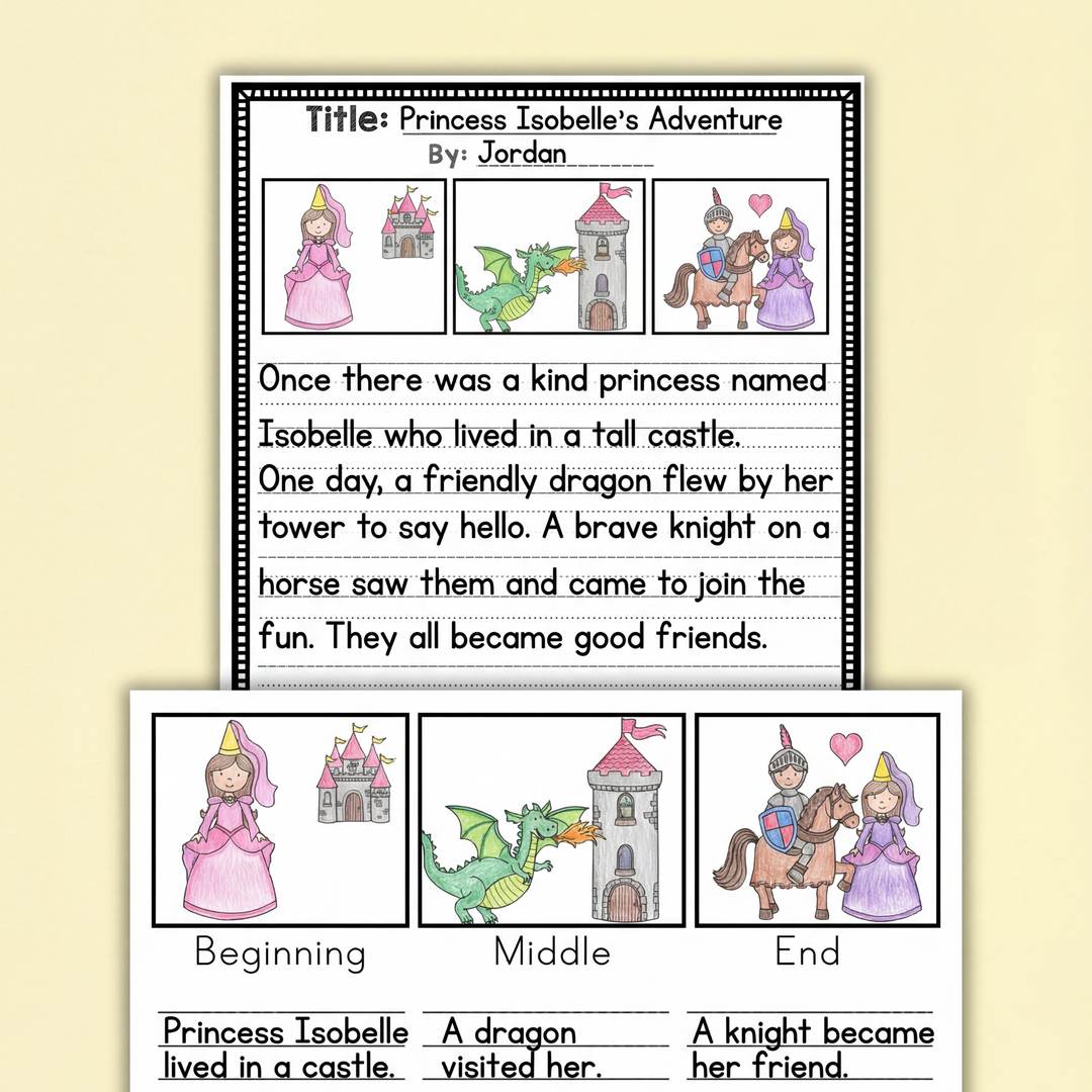 A set of printable story sequencing cards with different black-and-white illustrations, including a knight and princess, and a boy with a robot. A pair of scissors suggests they are cut-and-paste activities.