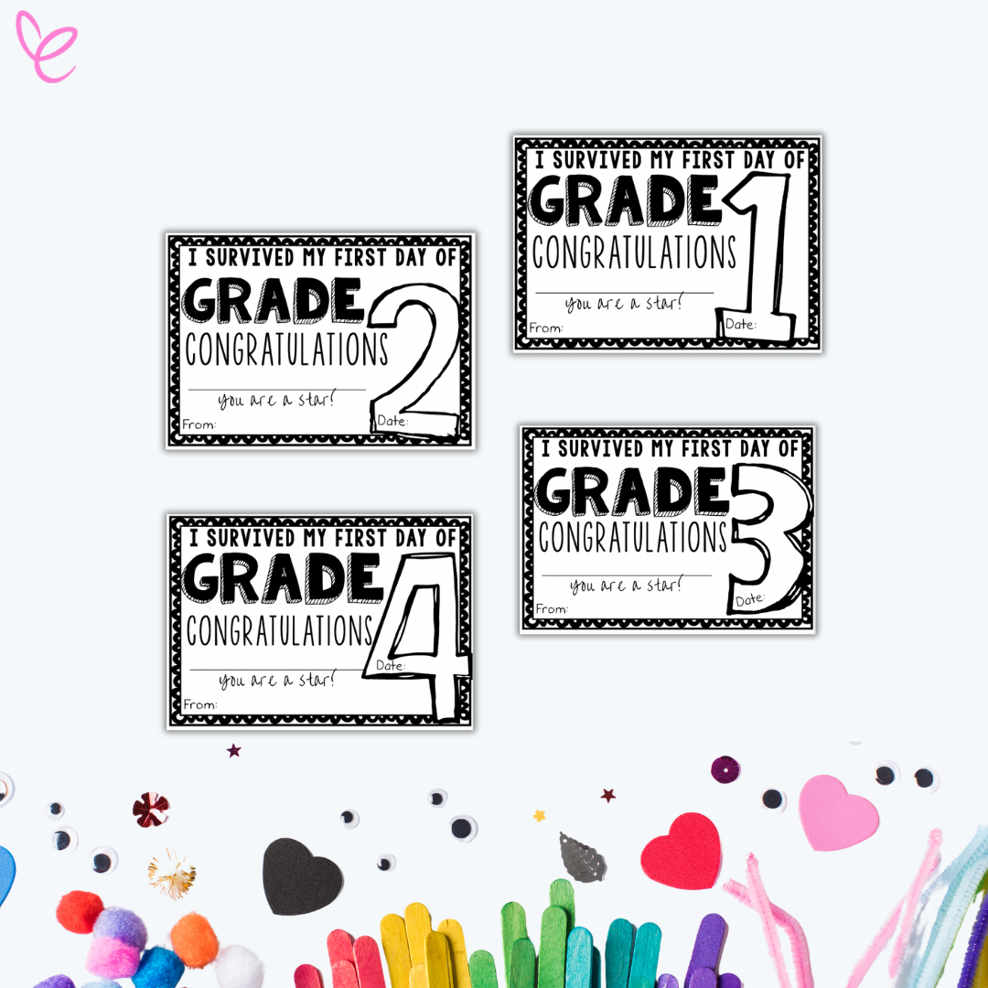 Black and white “First Day of Grade” certificates for Grades 1 to 4 with space to add student names and dates.