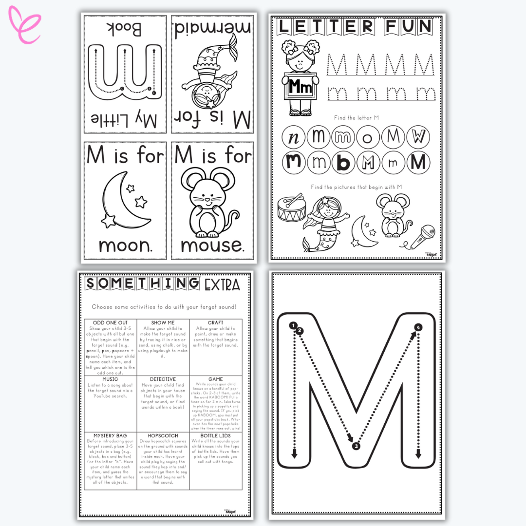 Letter M printable activity pack with handwriting practice, mini book pages, phonics tasks, and themed images like mouse and moon. Designed for early literacy and alphabet learning.