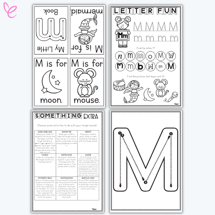 Letter M printable activity pack with handwriting practice, mini book pages, phonics tasks, and themed images like mouse and moon. Designed for early literacy and alphabet learning.