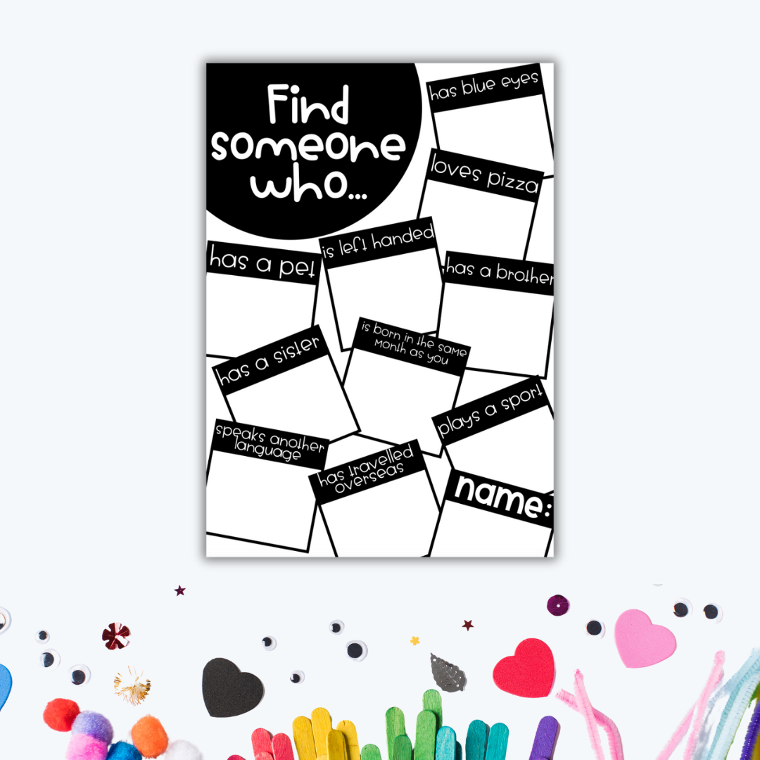 Black and white “Find Someone Who” icebreaker activity with prompts like has blue eyes, speaks another language, and plays a sport.