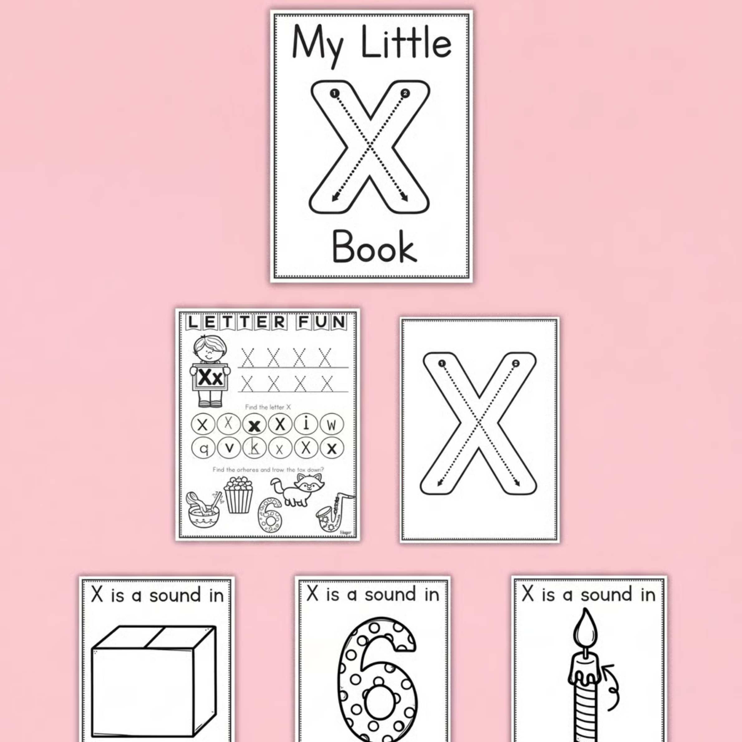 Early learning worksheets for the letter X featuring tracing, colouring pages, and words like boX, siX, and waX.