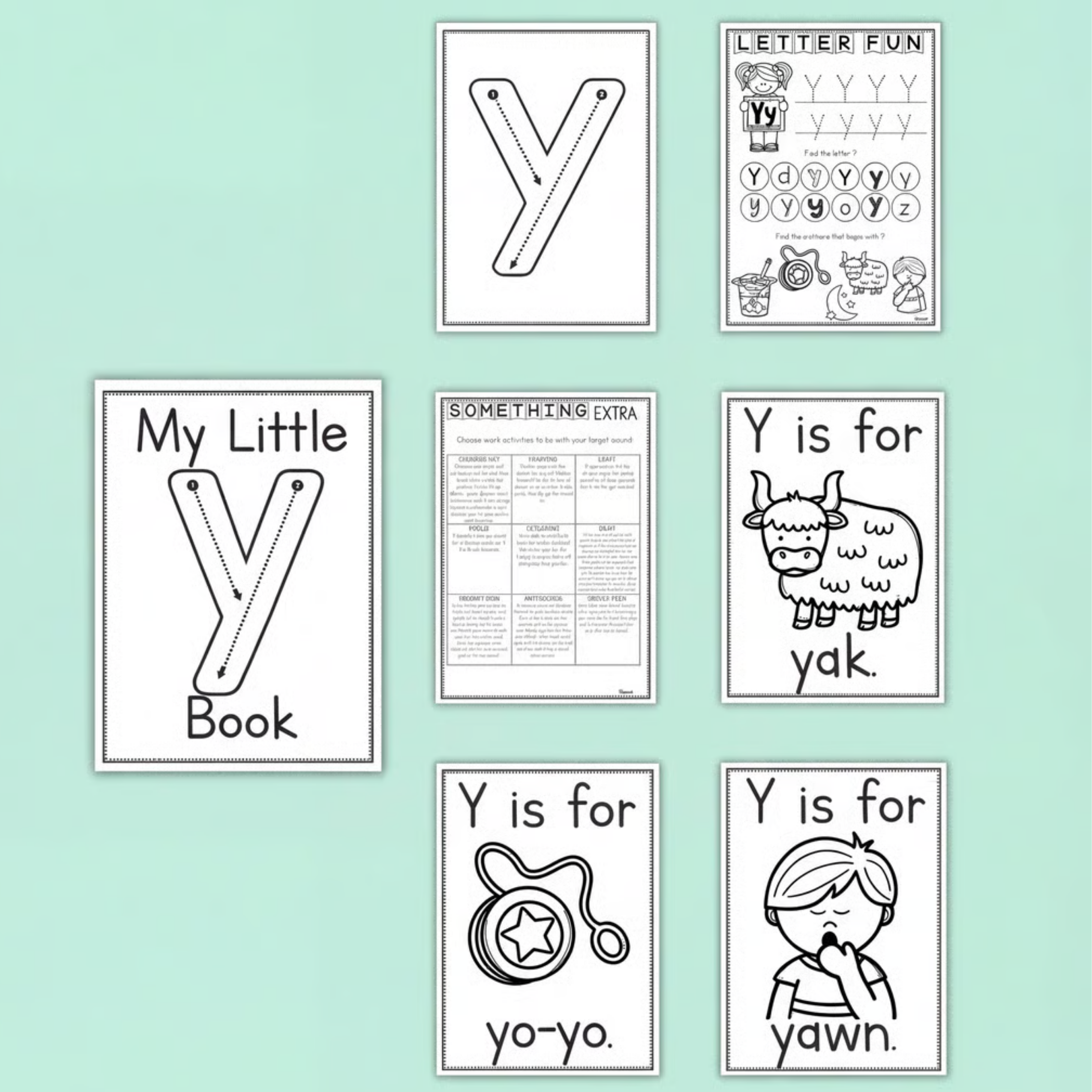 Letter Y printable worksheets and phonics activities for preschool, kindergarten, prep, and early learners. This engaging alphabet pack includes uppercase and lowercase Y tracing pages, beginning sound recognition tasks, handwriting practice, mini books, and interactive literacy activities. Children build fine motor skills, letter formation, phonemic awareness, and early reading confidence while exploring vocabulary such as yak, yo-yo, and yawn. Perfect for classroom literacy centres, homeschool learning,