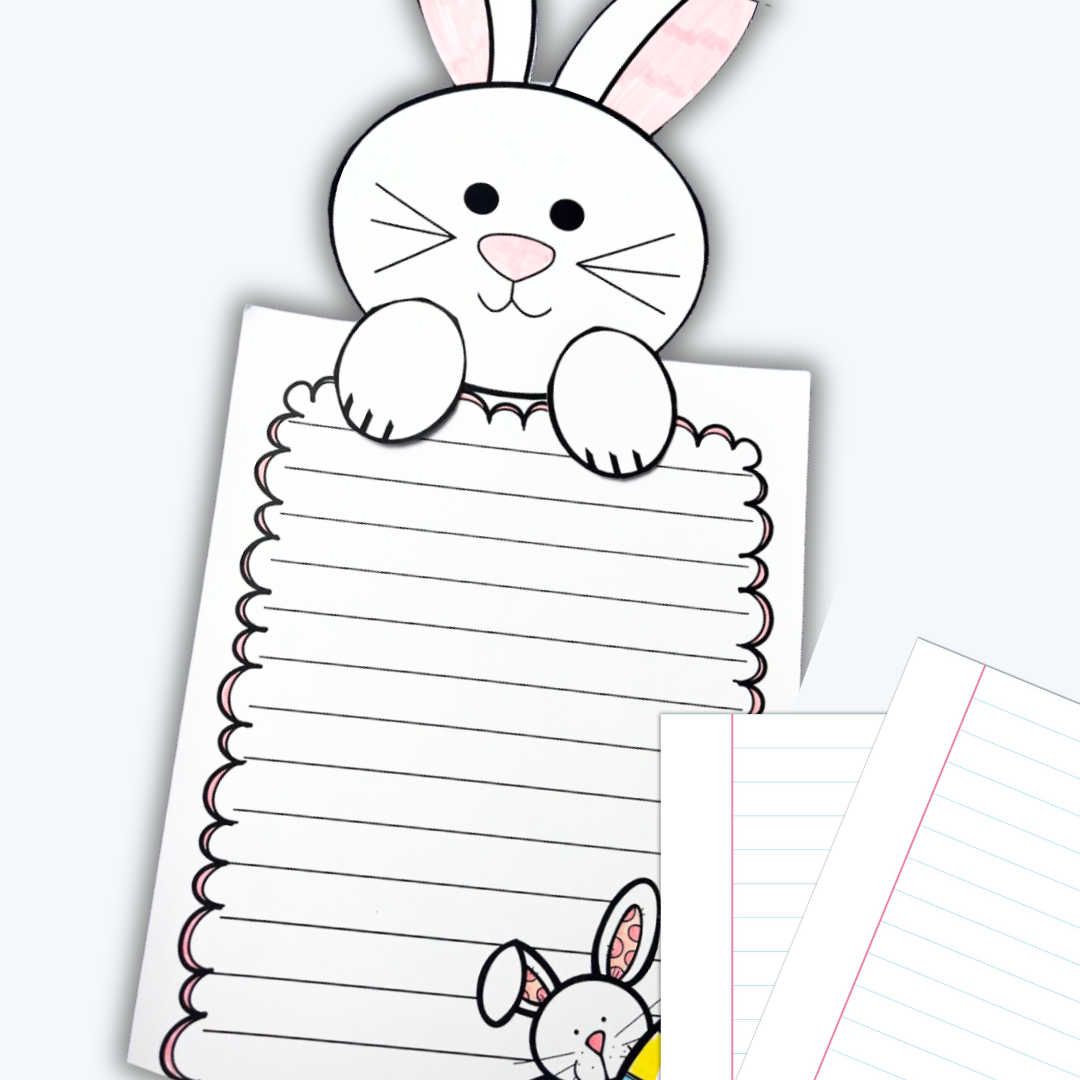 Easter Bunny Writing Topper digital download displayed on a white background, showing how the topper sits atop student work pieces.