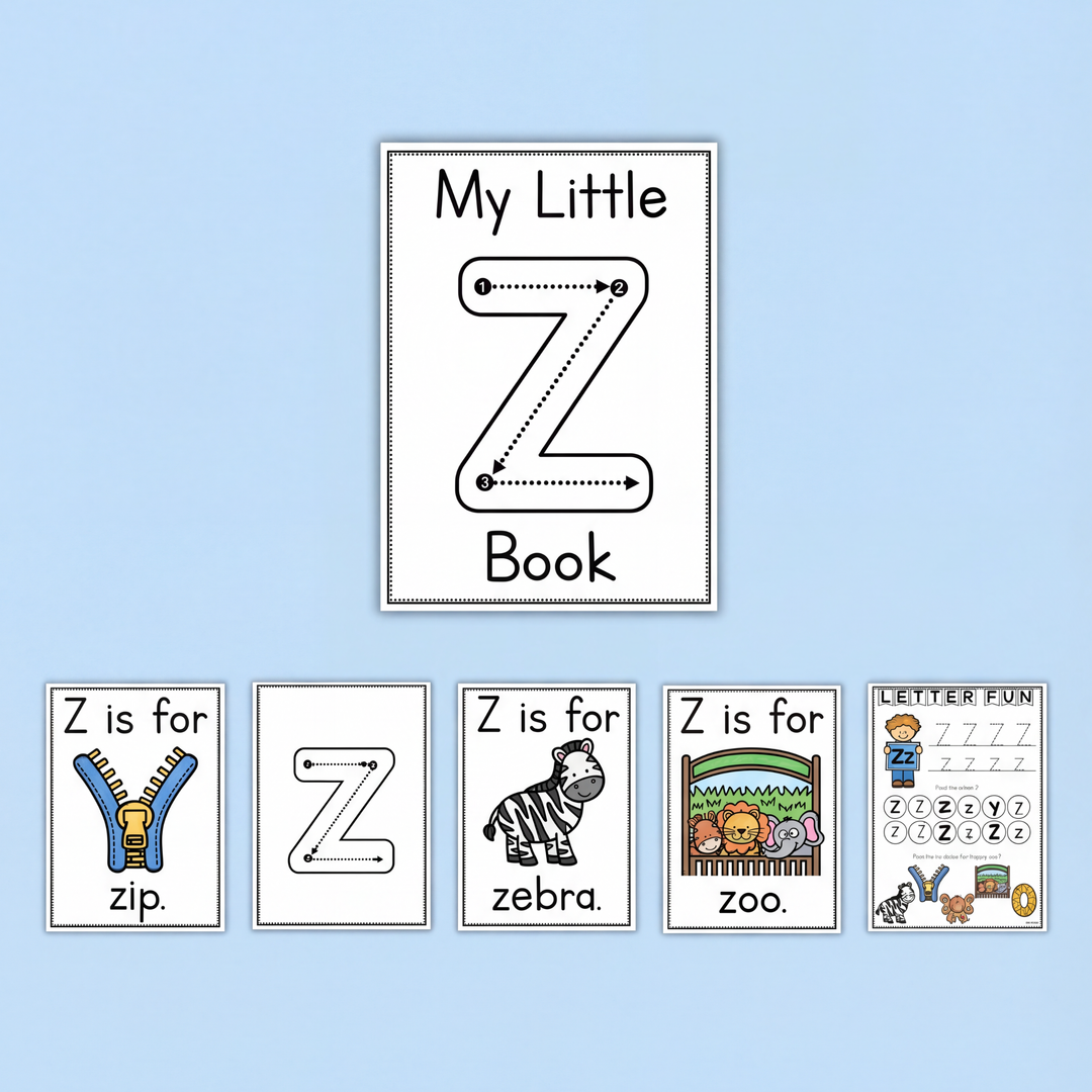 Letter Z printable worksheets and alphabet activities for preschool, kindergarten, prep, and early years classrooms. This engaging phonics pack includes uppercase and lowercase Z tracing practice, beginning sound recognition worksheets, handwriting activities, mini books, and interactive literacy tasks. Children build fine motor skills, letter identification, phonemic awareness, and early reading confidence while exploring Z vocabulary words like zip, zebra, and zoo. Perfect for alphabet units, literacy