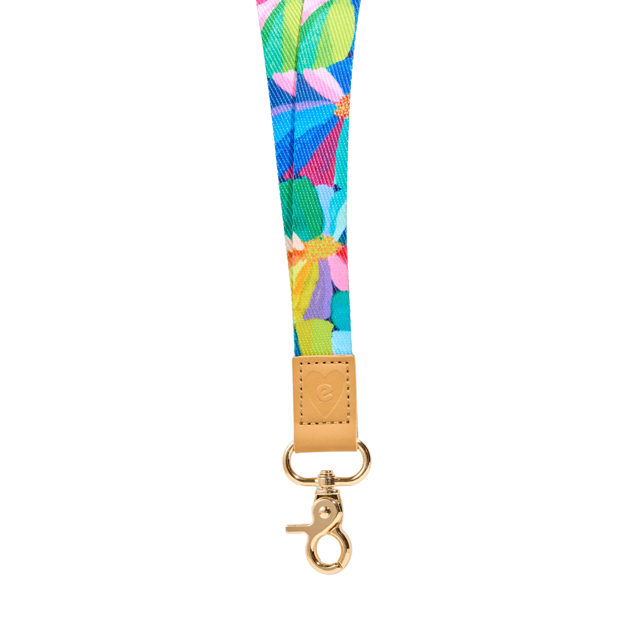 Bright multicolour floral fabric lanyard with blue, green, pink and yellow pattern, tan leather tab with embossed heart logo, and gold clasp, isolated on a clean white background