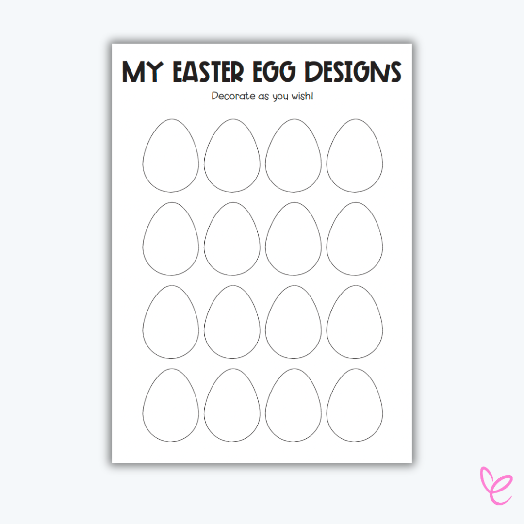 A printable worksheet titled 'My Easter Egg Designs' featuring 16 blank egg outlines for children to decorate as they wish.