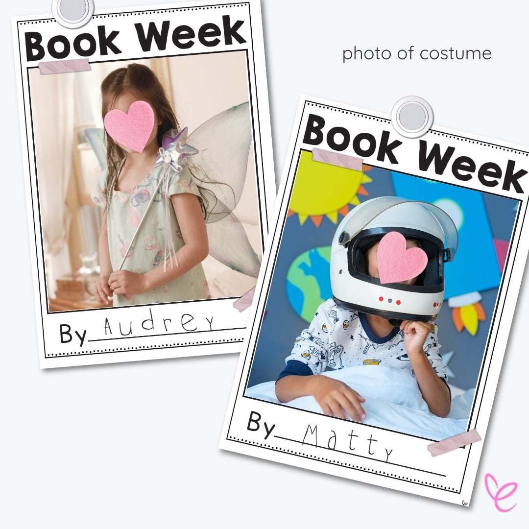 Book Week costume photo templates featuring children dressed as a fairy and astronaut, with heart stickers covering their faces for privacy.