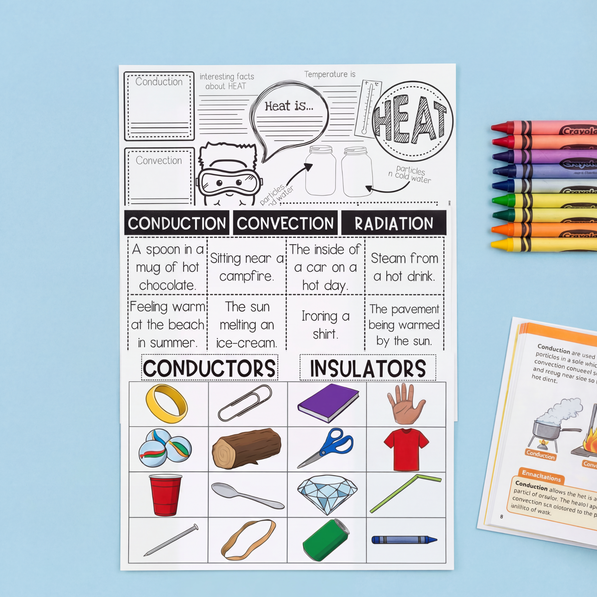 Comprehensive Heat Transfer teaching bundle resources for physical science educators displayed on a white background, accompanied by craft items.