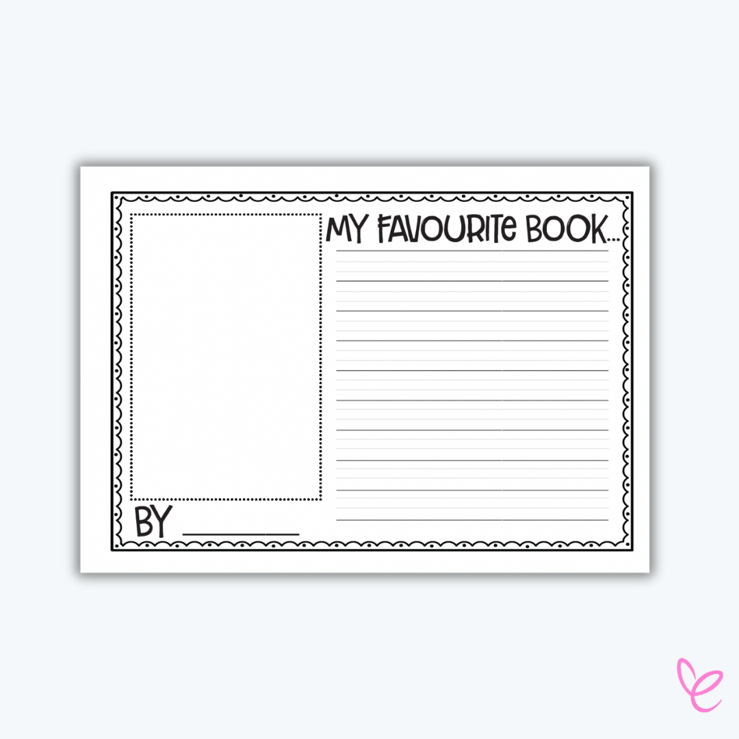 A single black-and-white printable writing template titled "My Favourite Book." It has a lined section for writing and a blank space for a drawing, framed with a decorative border. Ideal for Book Week activities or classroom book reports.

