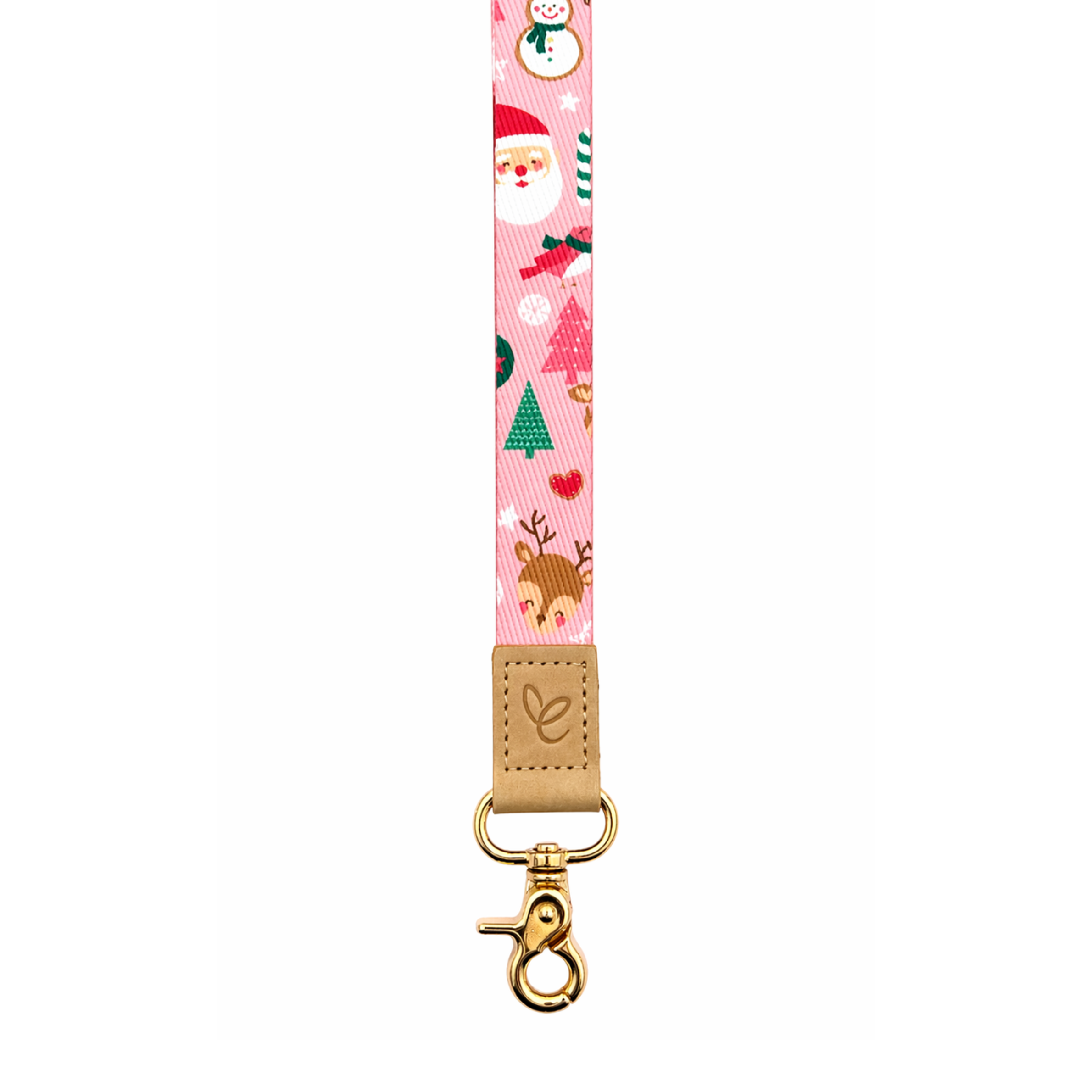 Pink Christmas-themed fabric lanyard with reindeer, Santa and snowman print, featuring a tan leather logo tab and gold clasp on a clean white background.