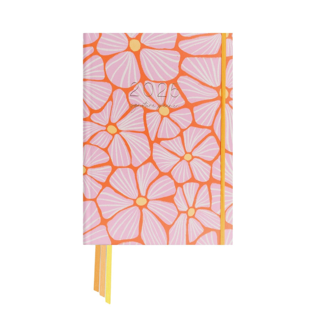 2025 Classic Weekly Teacher Planner named Retro Flowers, with pink flowers on an orange background in a vibrant design.