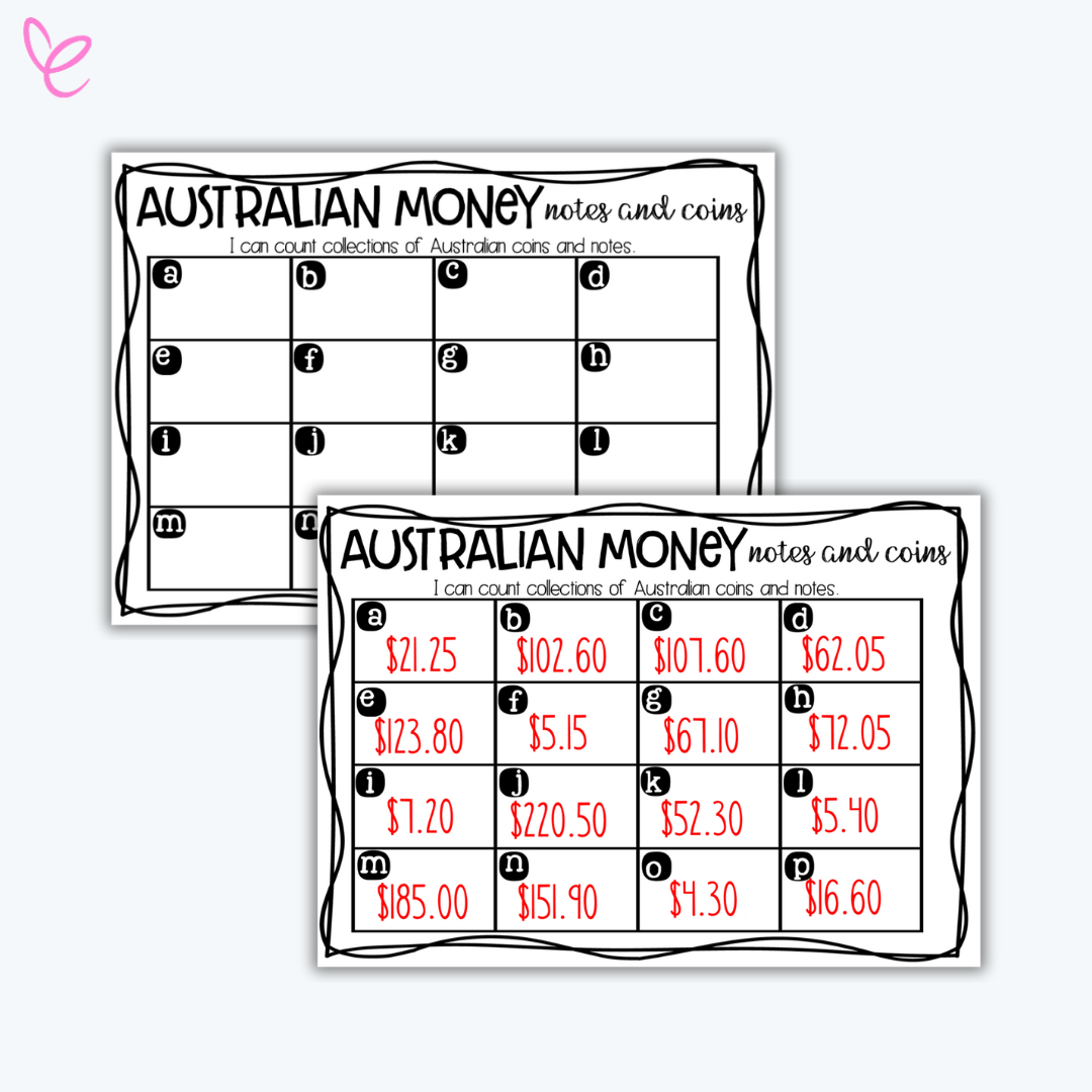 Completed version of the Australian Money worksheet showing the same A to P grid filled in with values such as "$21.25", "$102.60", and "$5.40", demonstrating calculated totals from corresponding money cards.