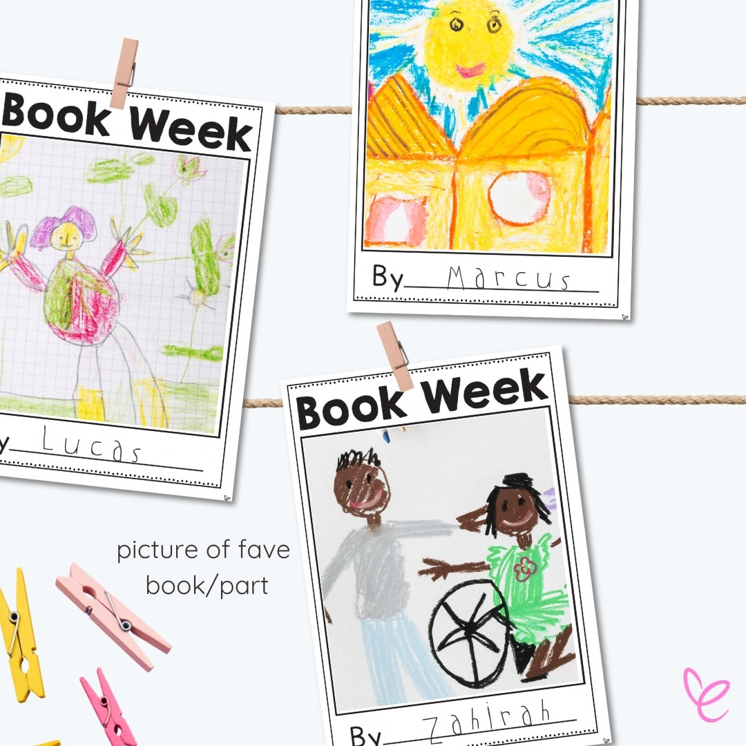 Book Week activity displaying students' colourful drawings of their favourite books or parts, clipped onto a string for a classroom display.