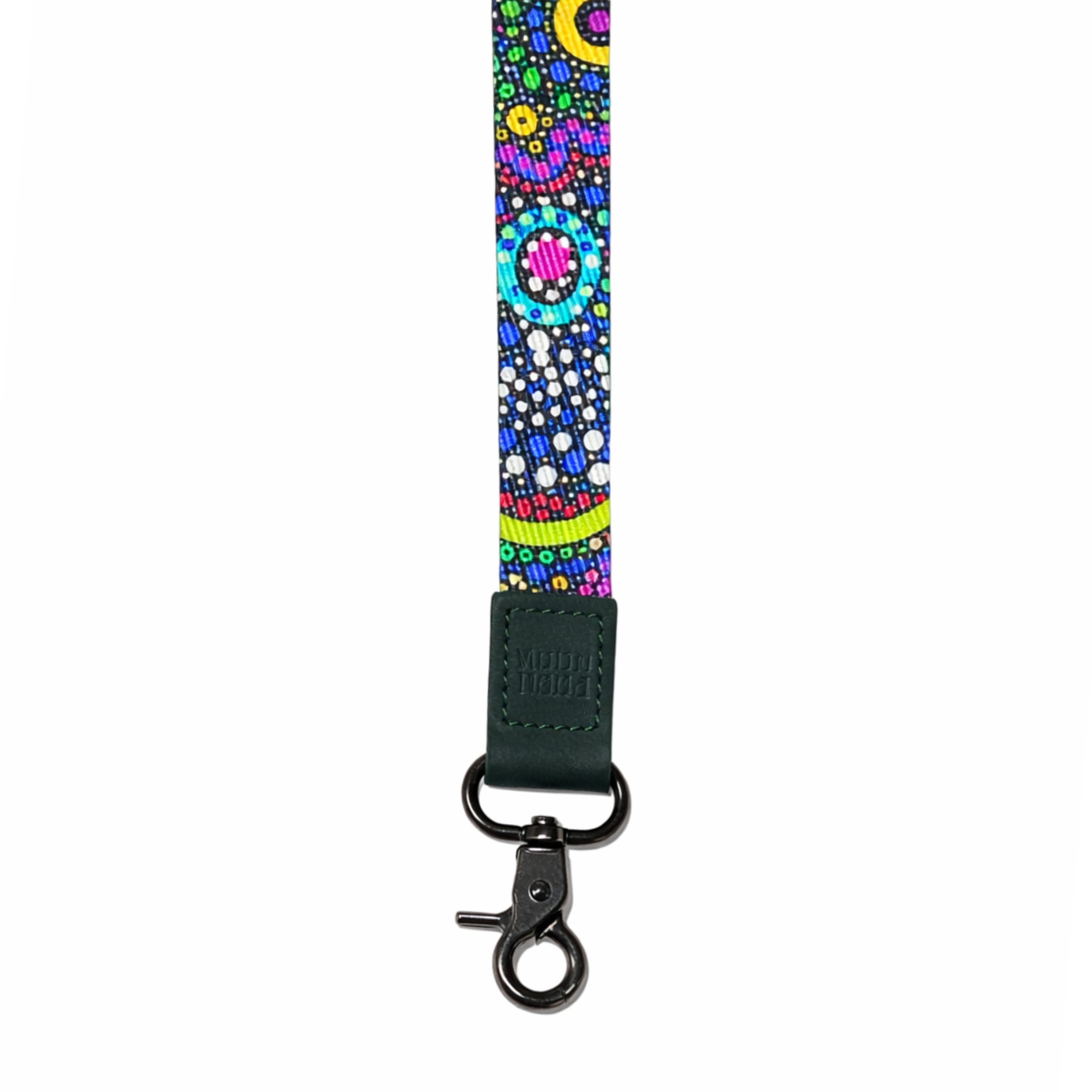 Pink Christmas-themed fabric lanyard with reindeer, Santa and snowman print, featuring a tan leather logo tab and gold clasp on a clean white background.