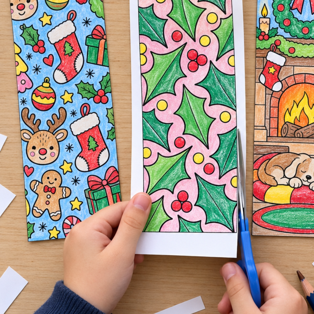 Printable Christmas colour-in bookmarks for students, coloured with pencils on a desk