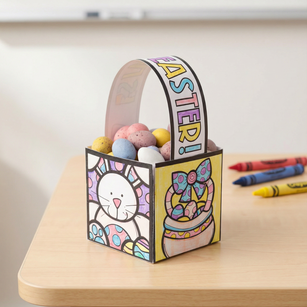 Colorful handmade Easter basket craft sitting on a wooden table, decorated with bunny and Easter basket drawings. The handle spells “EASTER!” in rainbow letters, and the basket is filled with pastel candy eggs. Crayons are visible in the background.