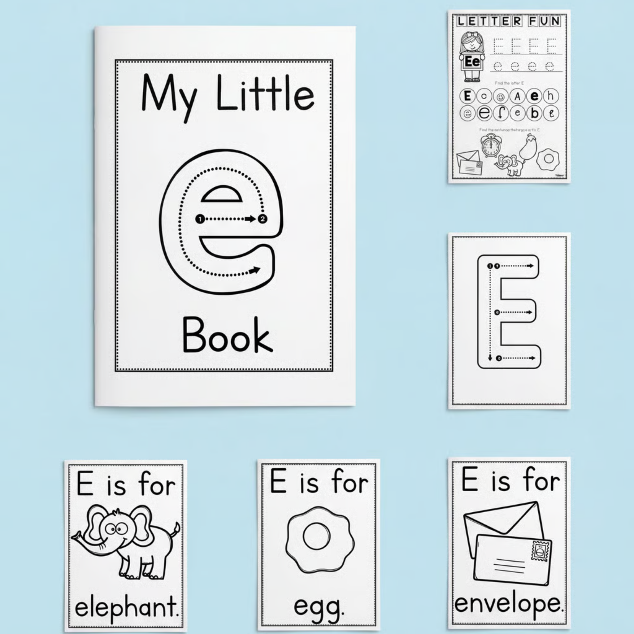 Printable alphabet learning resources focused on the letter E, including tracing cards, handwriting practice, mini books, and “E is for” vocabulary cards featuring elephant, egg, and envelope. Perfect for early literacy and phonics activities.
