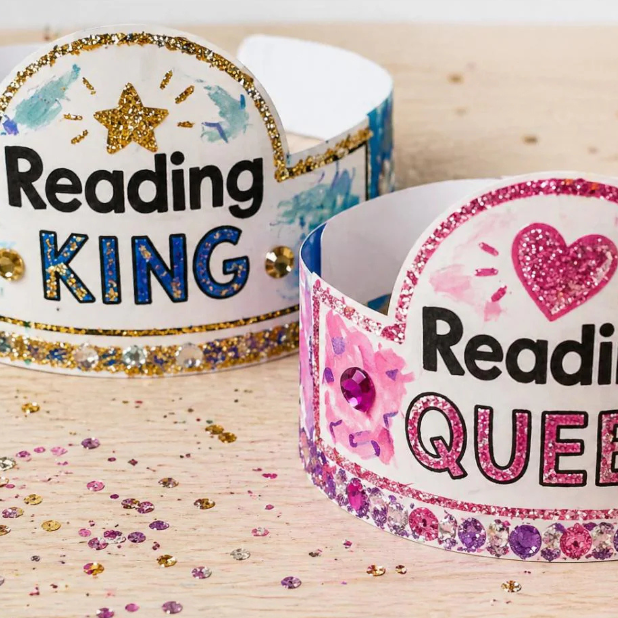 Two glittering paper crowns with gold and pink embellishments labelled 'Reading King' and 'Reading Queen' on a wooden surface.