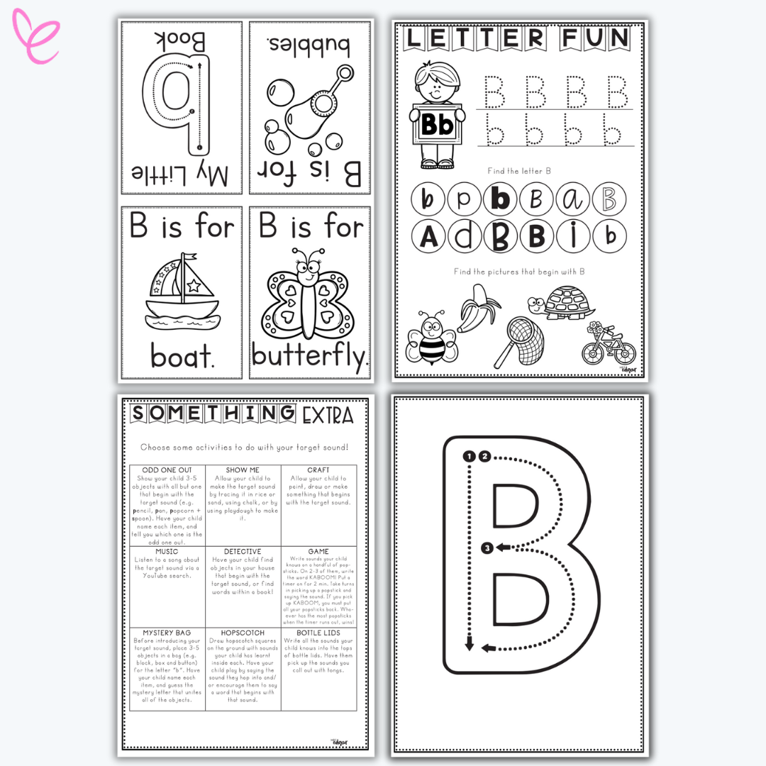 Printable phonics activity pack focused on the letter B, including handwriting practice and themed vocabulary cards.