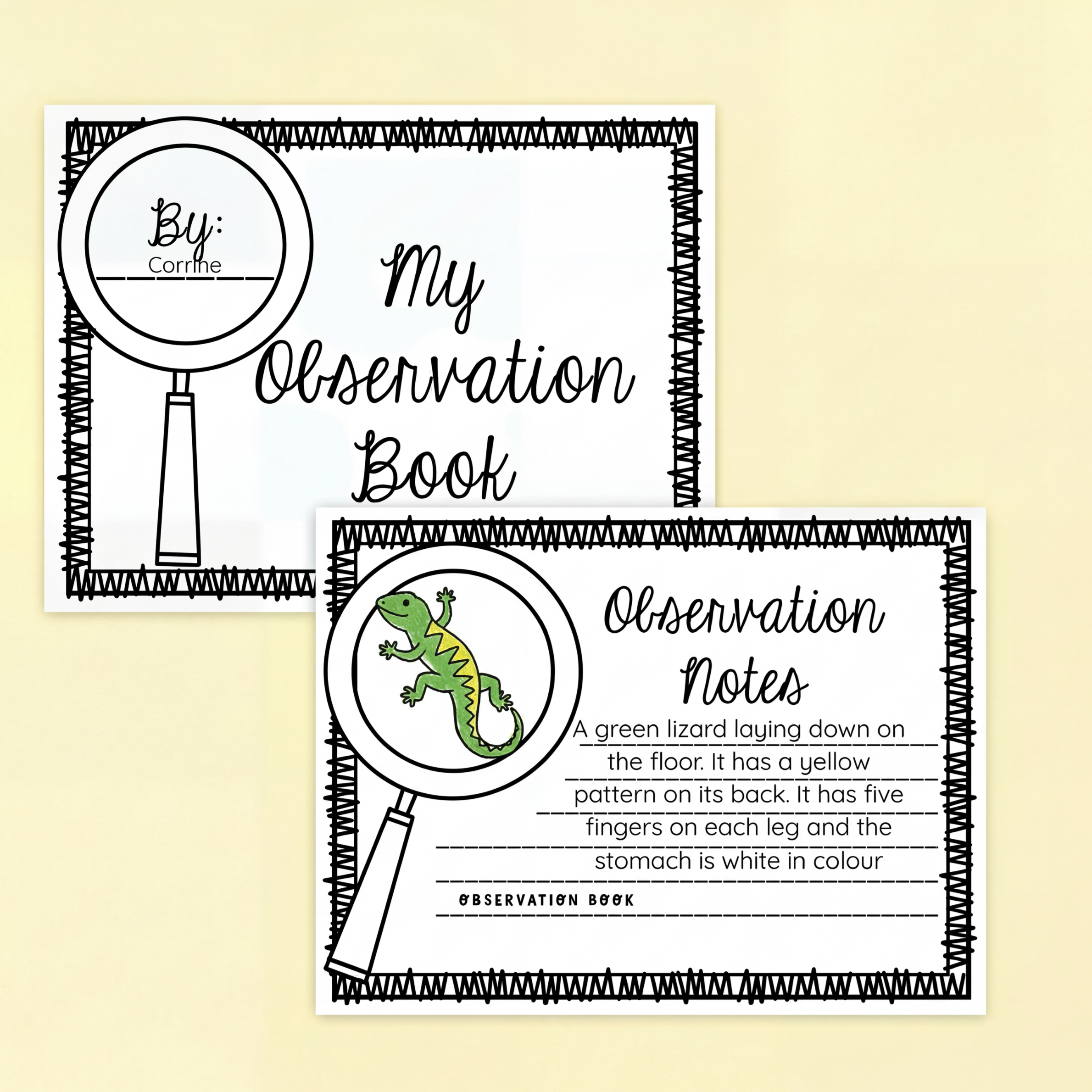 Student science observation book with a magnifying glass graphic. Cover and note pages allow students to draw and write observations. One sample shows a child’s note describing a green lizard’s features.