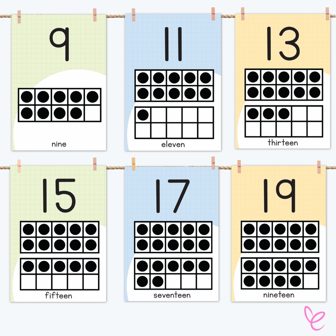 Six number posters from 9 to 19, each displaying a numeral, a ten-frame model with corresponding dots, and the written number below. The posters are strung on a rope with clothespins.