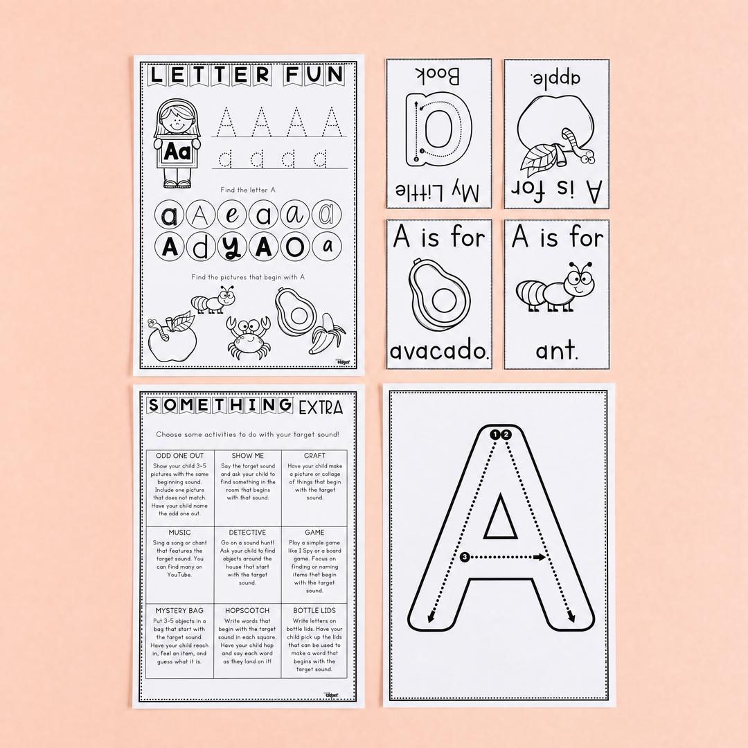 Black-and-white alphabet learning activities focused on the letter A, including tracing worksheets, handwriting practice, beginning sound identification, mini books, vocabulary cards, and extension phonics activities for early learners.