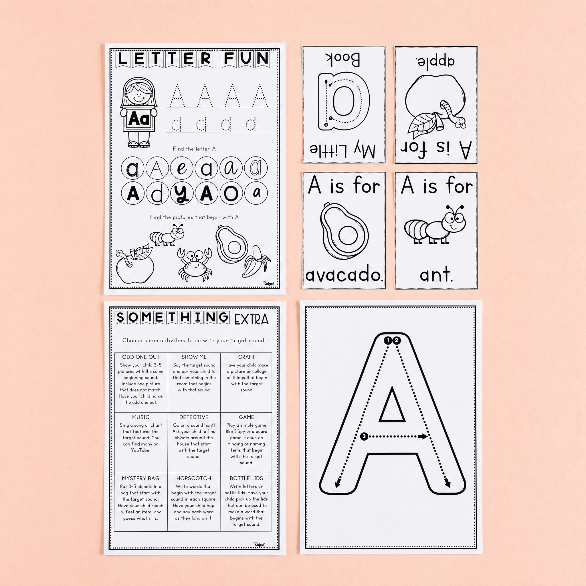 Black-and-white alphabet learning activities focused on the letter A, including tracing worksheets, handwriting practice, beginning sound identification, mini books, vocabulary cards, and extension phonics activities for early learners.