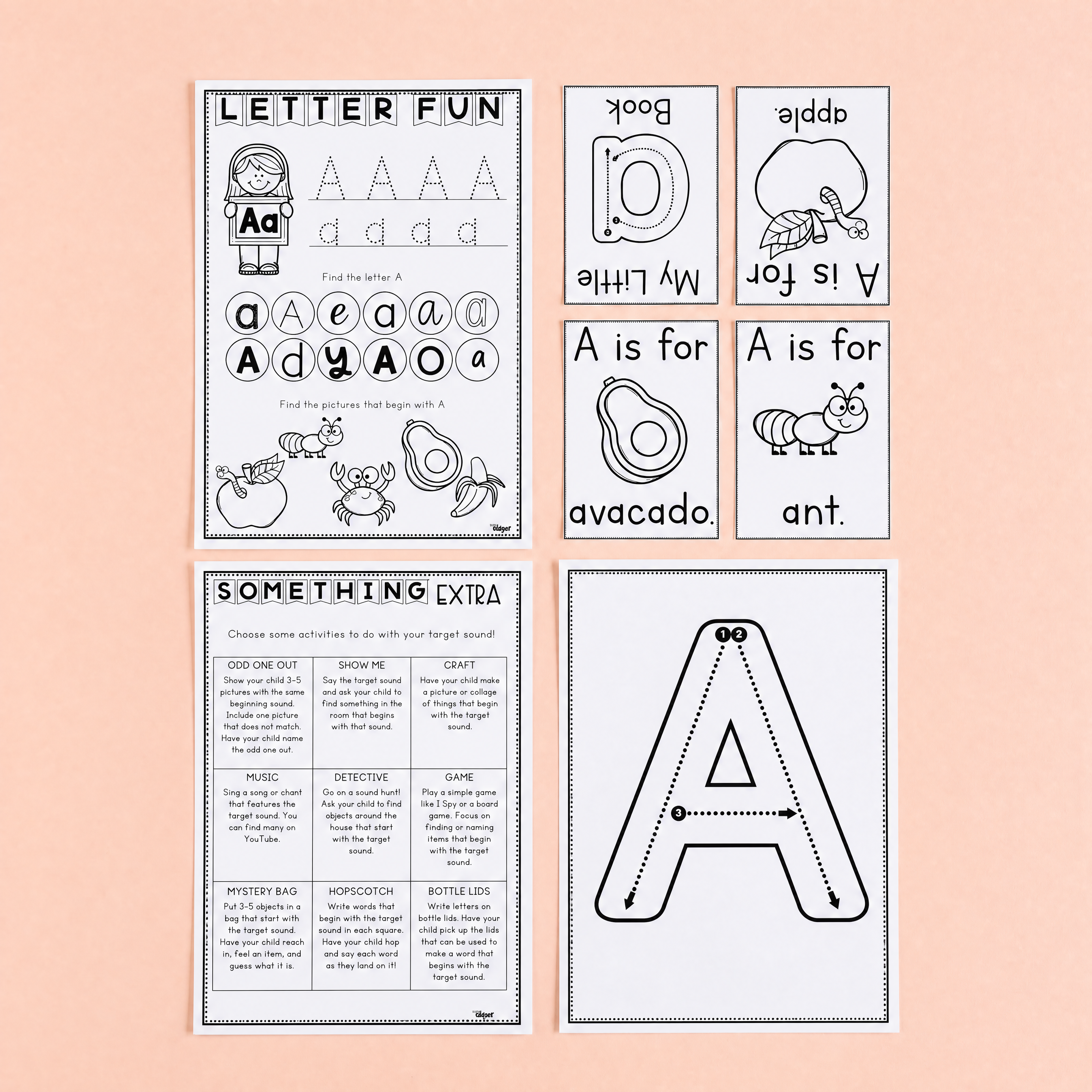 Black-and-white alphabet learning activities focused on the letter A, including tracing worksheets, handwriting practice, beginning sound identification, mini books, vocabulary cards, and extension phonics activities for early learners.