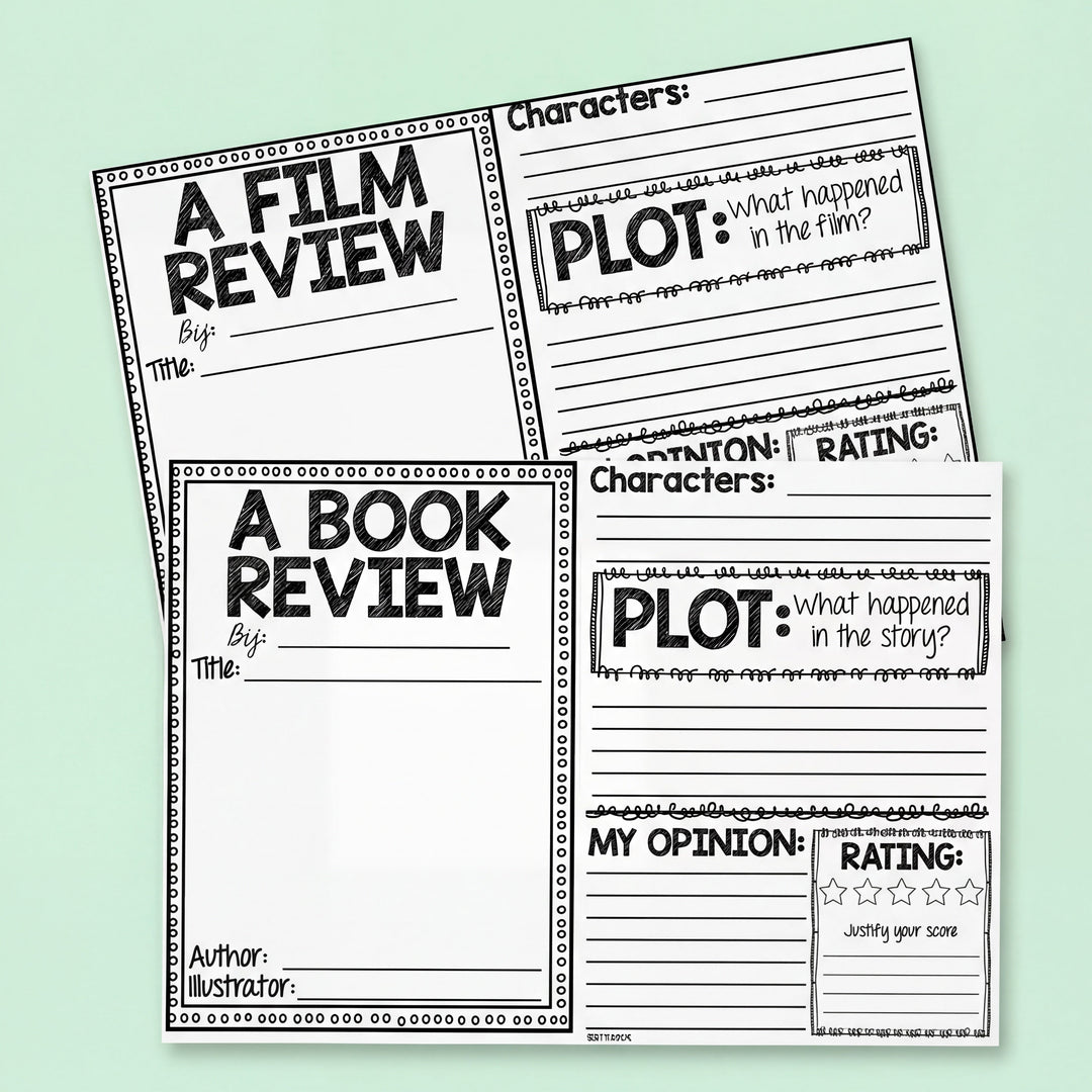 Two worksheet templates for writing a film review and a book review on a light green background.