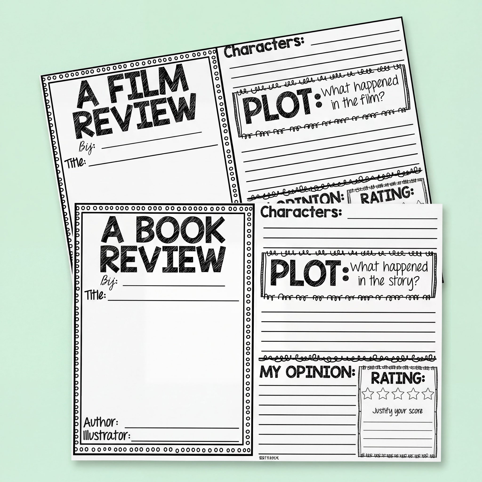 Two worksheet templates for writing a film review and a book review on a light green background.