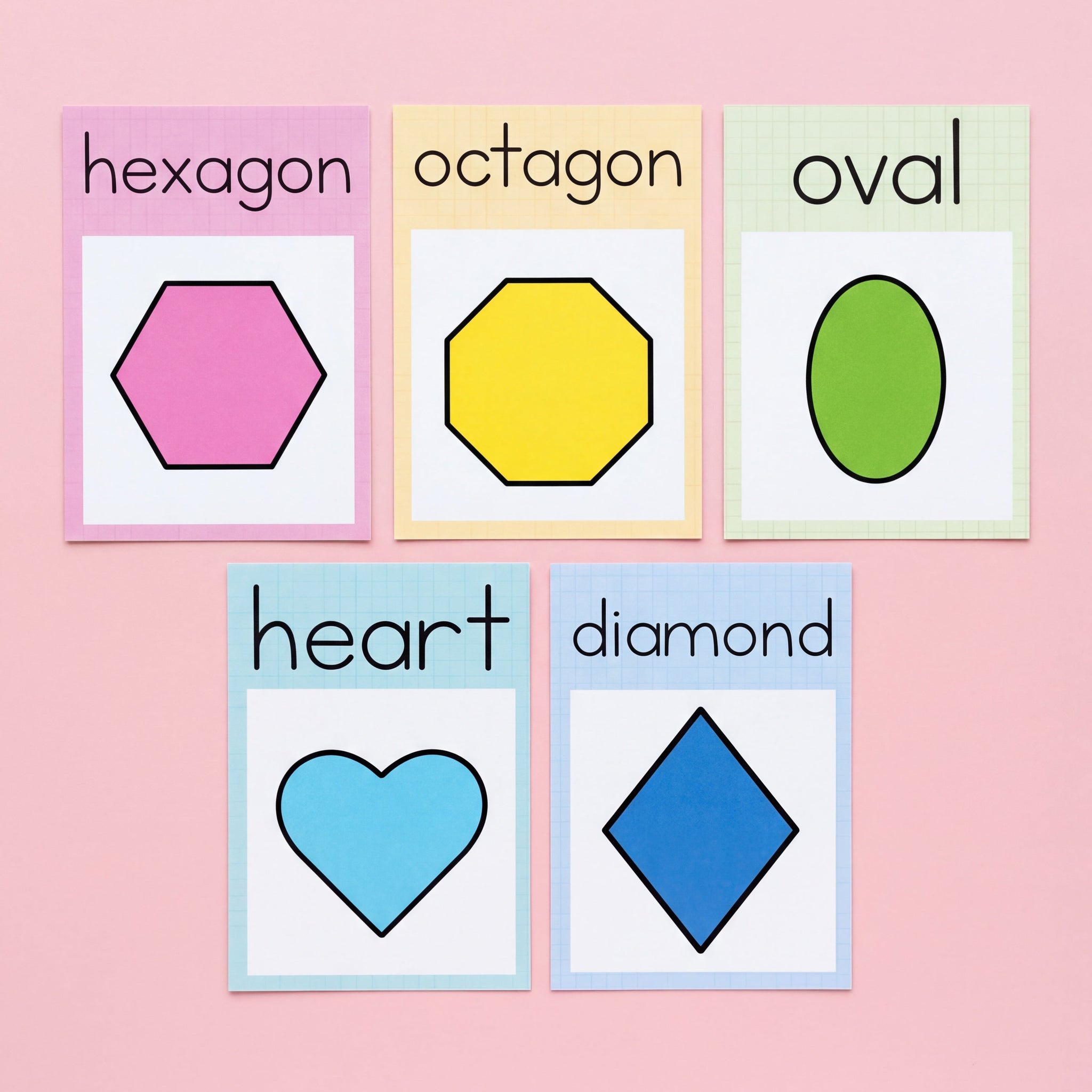 Classroom posters showing 2D shapes: hexagon, octagon, oval, heart, and diamond, designed for educational use