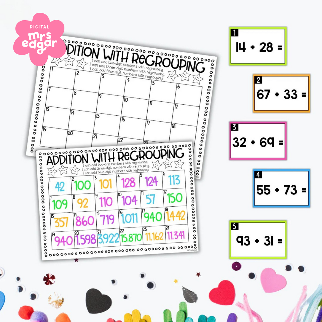 Addition task cards and worksheets for practising addition with regrouping, including sums like 14 + 28 and 67 + 33, shown in a classroom setting.