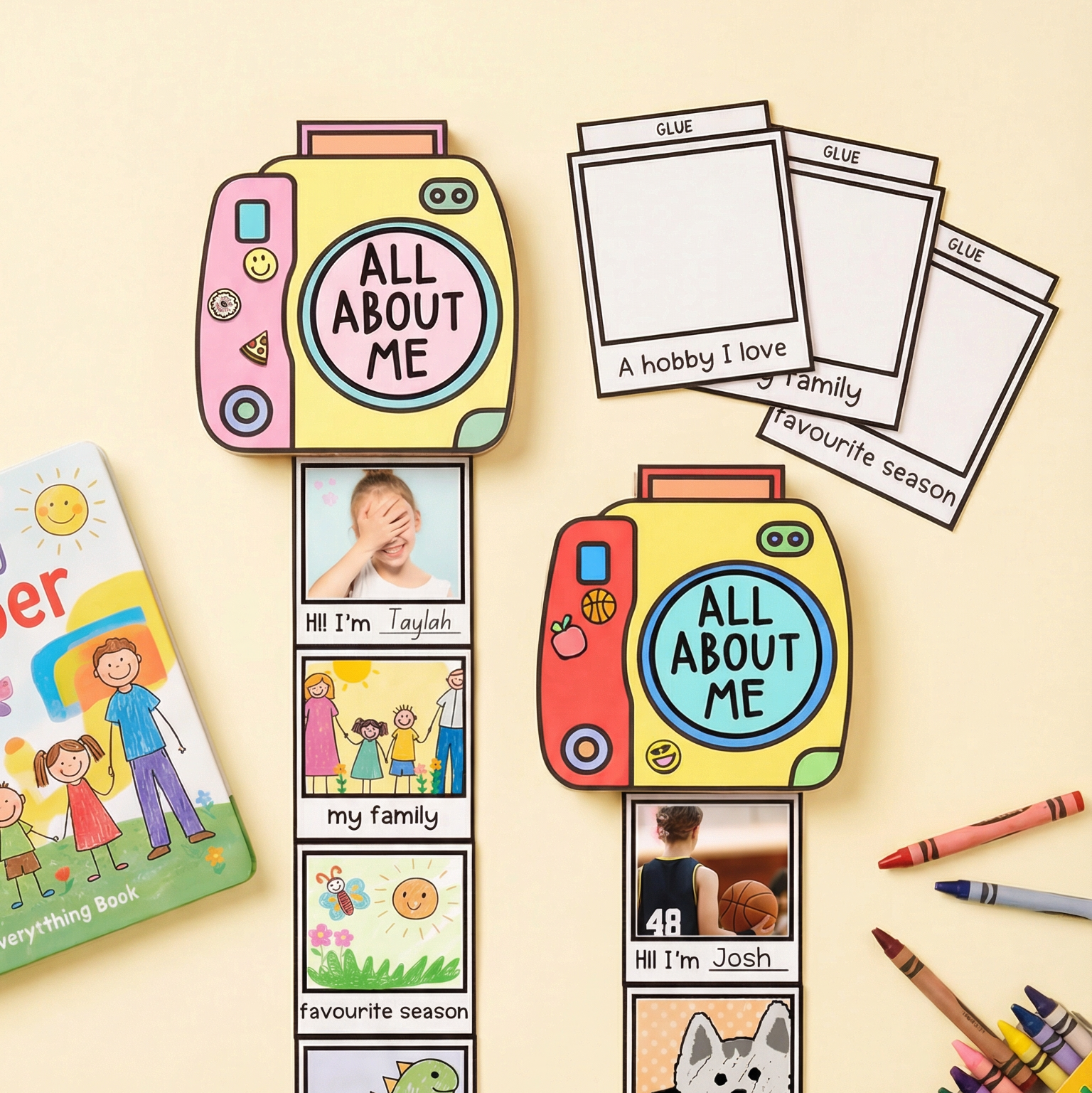 Two polaroid camera cutouts with 'All About Me' photos below, clipped to a rope with pegs. Polaroid templates in the top right.