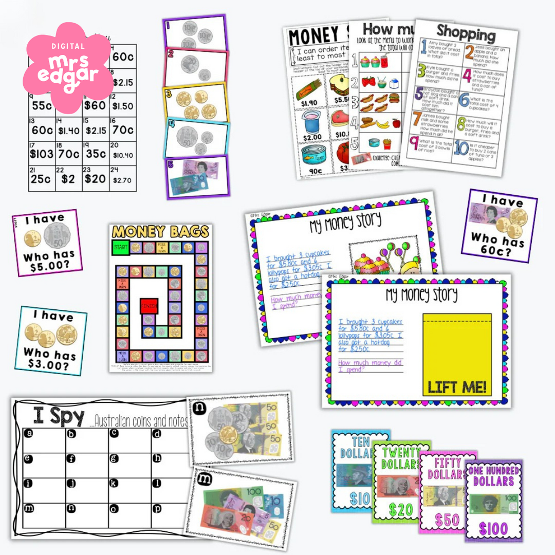 A collage of various Australian money-themed educational activities, including worksheets, a board game, sorting tasks, and word problems.
