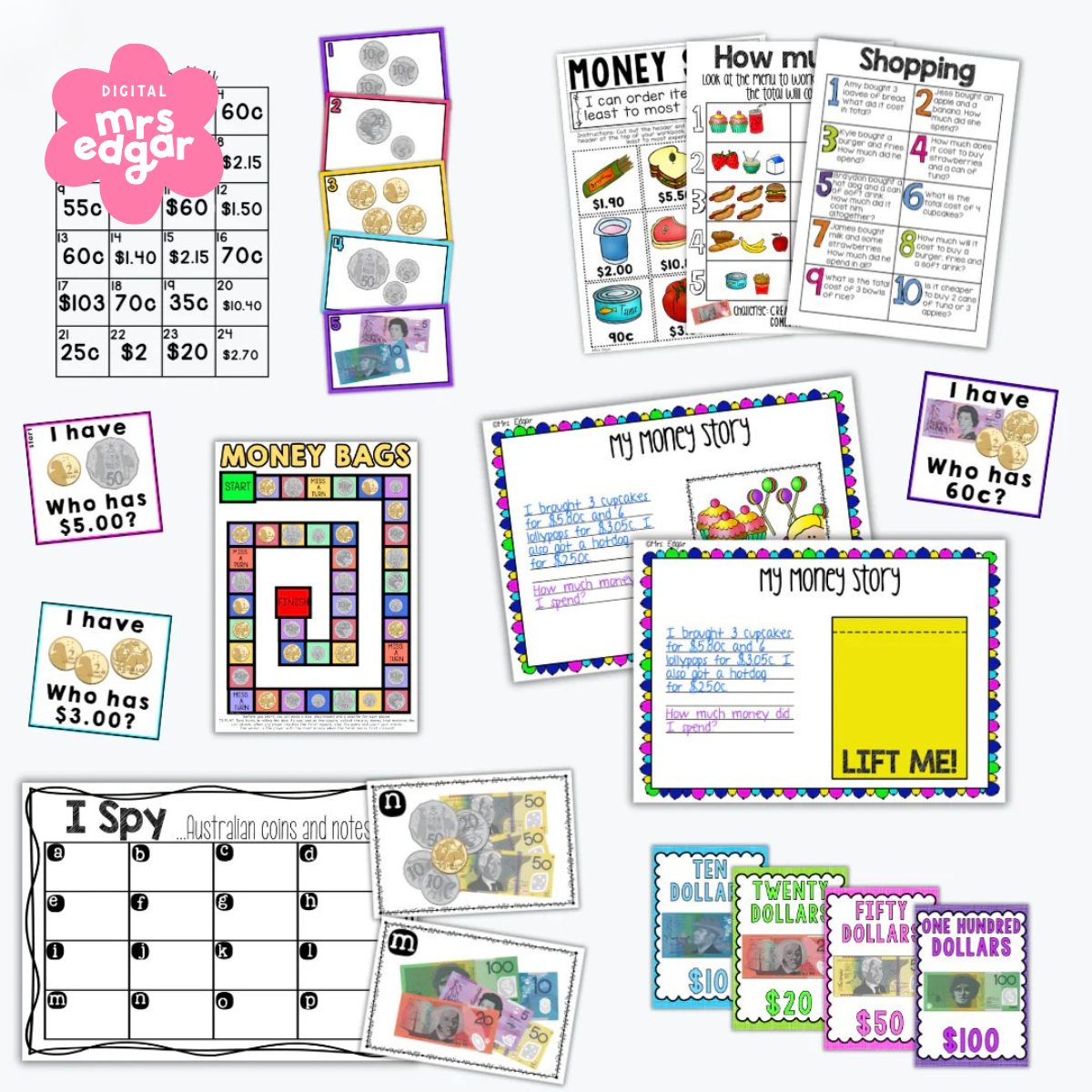 A collage of various Australian money-themed educational activities, including worksheets, a board game, sorting tasks, and word problems.